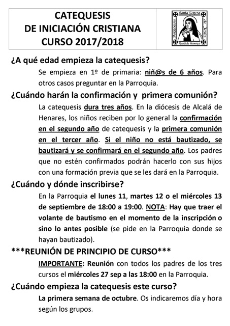 COMIENZO DE CATEQUESIS 2017-2018