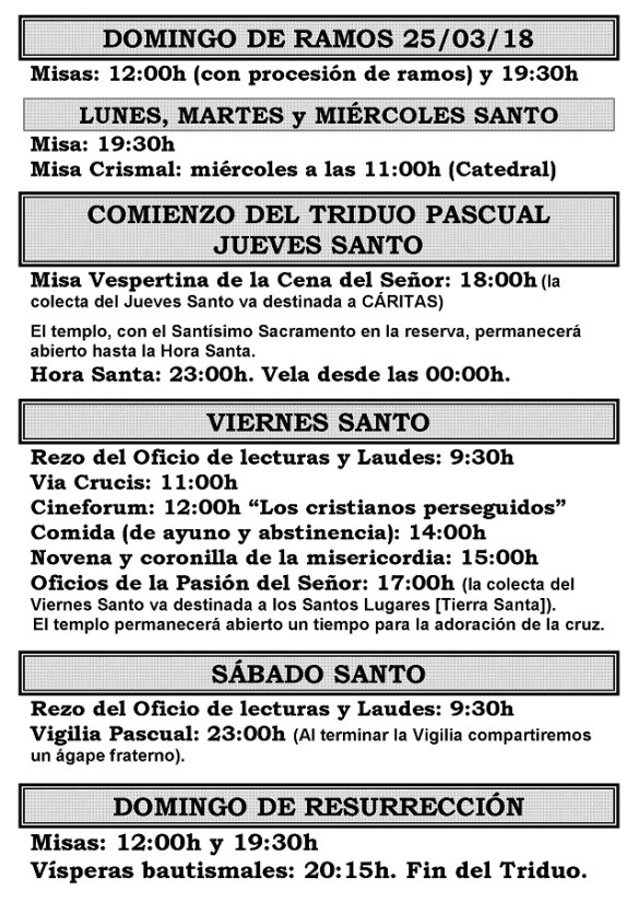 Horarios para el tablón semana santa 2018